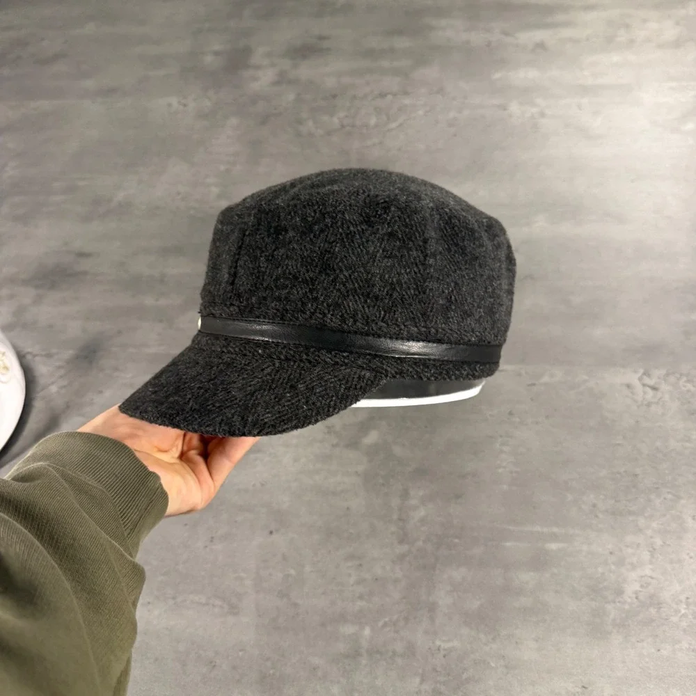 Cadet Hat Women OS Black Gray Herringbone Faux Leather Buckle‎ Military Cap